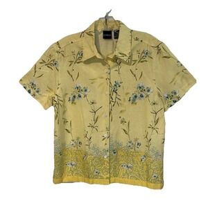 VTG Erika Linen Blend Yellow Floral Short Sleeve Button-up Blouse Top Shirt SM